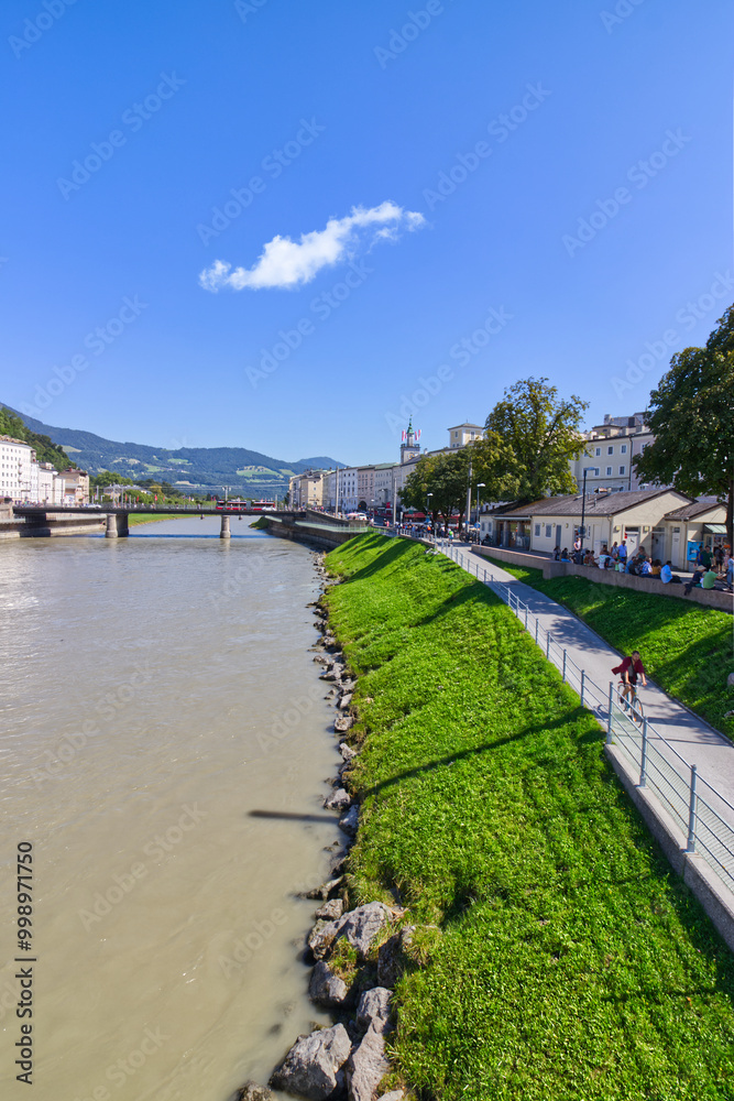 Cycle paths by the river, a common European sight, Salzburg, Austria