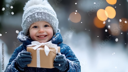 An excited child clad in winter attire holds a wrapped gift, enveloped in a wintry scene with snowflakes falling gently, embodying the spirit of the season. photo