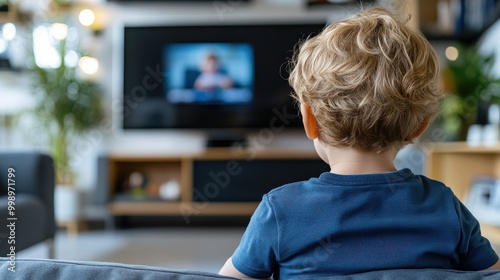 A young child with curly blonde hair sitting on a grey couch, attentively watching an animated show on a television screen, placed in a modern and cozy living room.