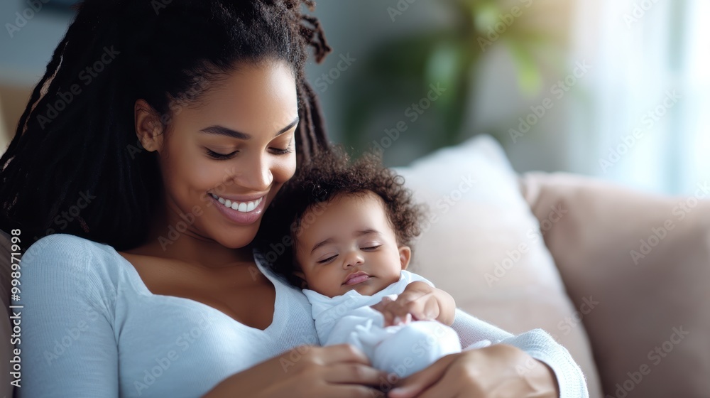 A content mother joyfully cradles her peacefully sleeping baby, basking in tender affection and serenity under soft natural light from a window. A content mother joyfully cradles her peacefully sleeping baby, basking in tender affection and serenity under soft natural light from a window.