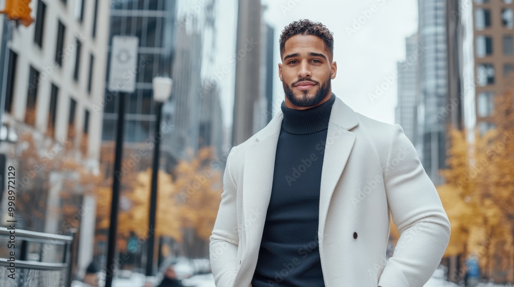 A confident man elegantly dressed, exuding charisma while taking a walk in a bustling urban environment, enveloped in the charm of autumn's colorful backdrop. A confident man elegantly dressed, exuding charisma while taking a walk in a bustling urban environment, enveloped in the charm of autumn's colorful backdrop.