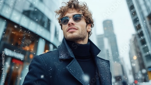 A fashionable man, adorned in winter attire, confidently navigating the city as snowflakes gently fall, portraying elegance and individuality in a modern setting.