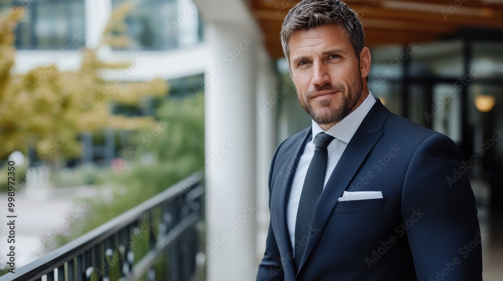 Fototapeta premium A confident businessman in a suit stands on a modern office balcony, showcasing leadership qualities and a sense of success amidst contemporary architecture.