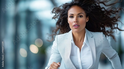 Woman with flowing hair confidently running in a pale blue suit, the image captures the essence of proactive professional life amidst a blurred urban background. photo