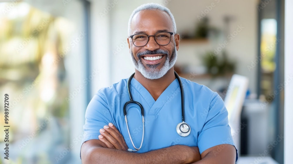 A friendly male nurse in light blue scrubs with a stethoscope smiling confidently in a hospital room, representing dedication and compassion in nursing care. A friendly male nurse in light blue scrubs with a stethoscope smiling confidently in a hospital room, representing dedication and compassion in nursing care.