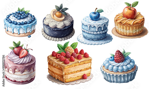 Sweet collection clipart sticker of watercolour Cakes