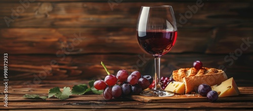 Glass Of Red Wine Cheeses And Grapes On Brown Wooden Backgroundred Wine In A Glass Stands On A Wooden Table And Next To The Grapes And Cheesered Wine With Cheeses Bread And Fruits photo