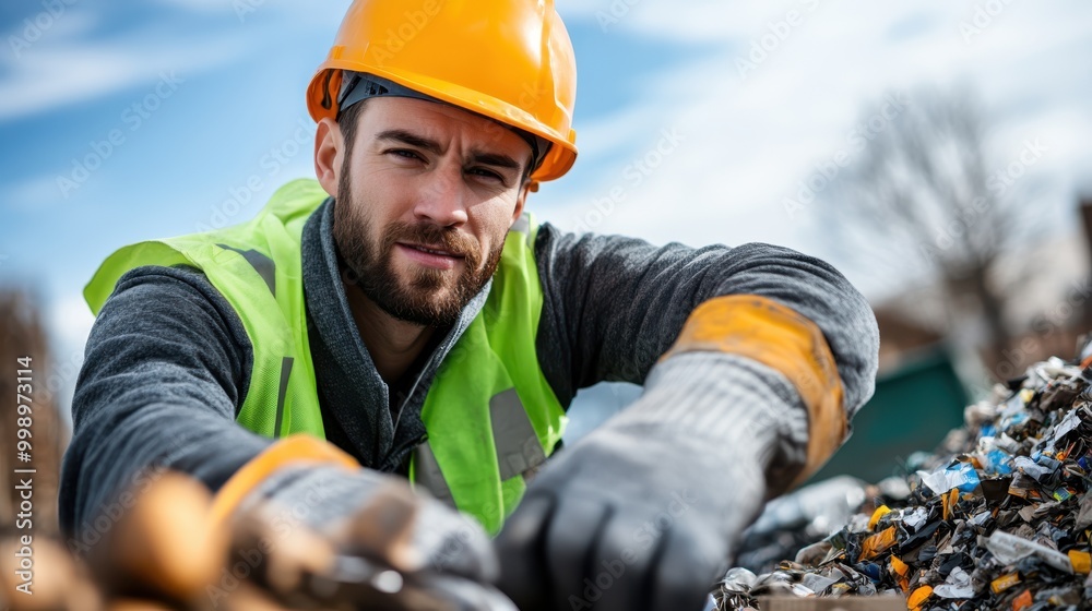 Man Intensely Sorting An industrious male worker wearing a hard hat and protective gloves ...