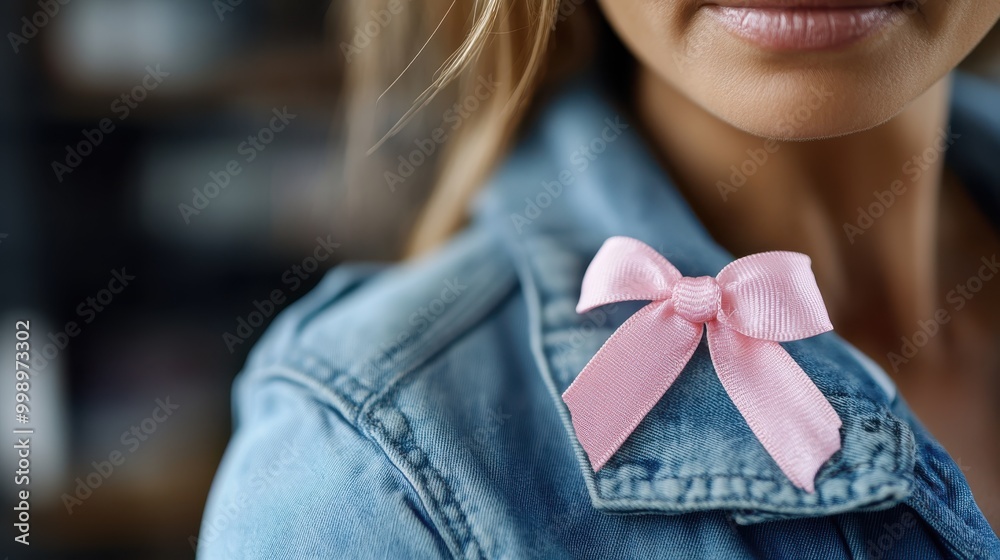 A close-up image of a woman wearing a denim jacket adorned with a pink ribbon, symbolizing breast cancer awareness, showcasing support and solidarity in a subtle manner. A close-up image of a woman wearing a denim jacket adorned with a pink ribbon, symbolizing breast cancer awareness, showcasing support and solidarity in a subtle manner.