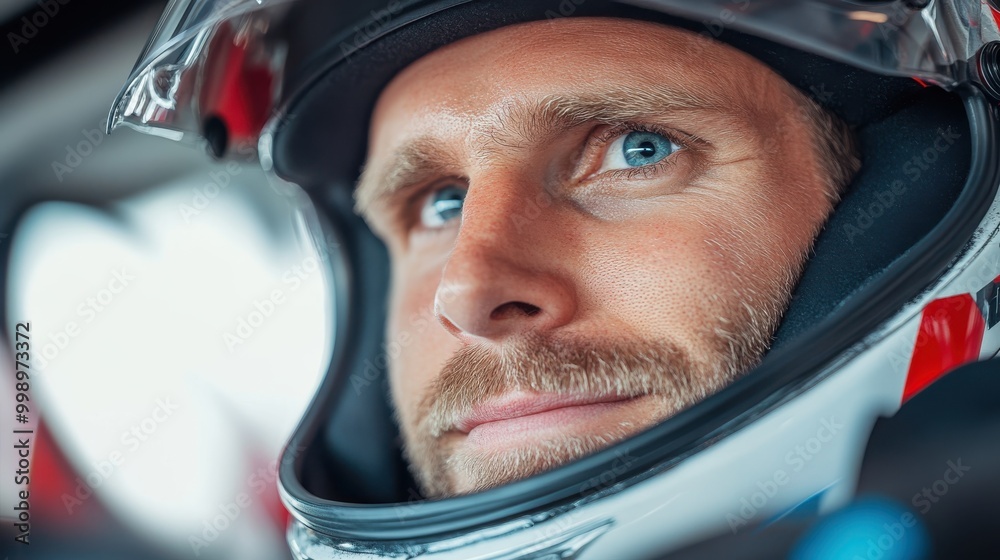 A close-up of a confident race car driver with a helmet, highlighting determination and readiness for the high-speed race, capturing the essence of motorsports. A close-up of a confident race car driver with a helmet, highlighting determination and readiness for the high-speed race, capturing the essence of motorsports.
