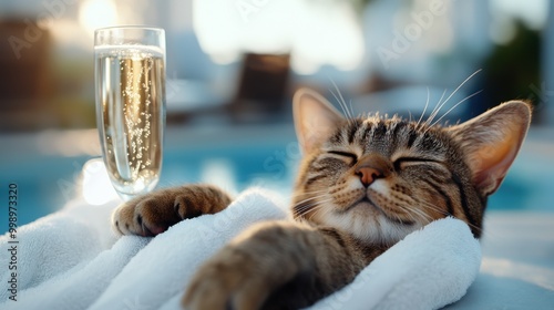 A cozy kitten is nestled on a towel near a swimming pool, next to a glass of sparkling champagne, basking in the sunlight, capturing a moment of pure relaxation. photo