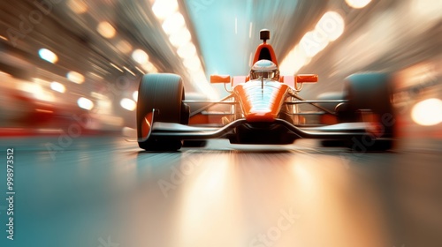 A fierce race car charges ahead under bright city lights, capturing the speed, power, and precision of motorsport, with blurred lights emphasizing its motion. photo