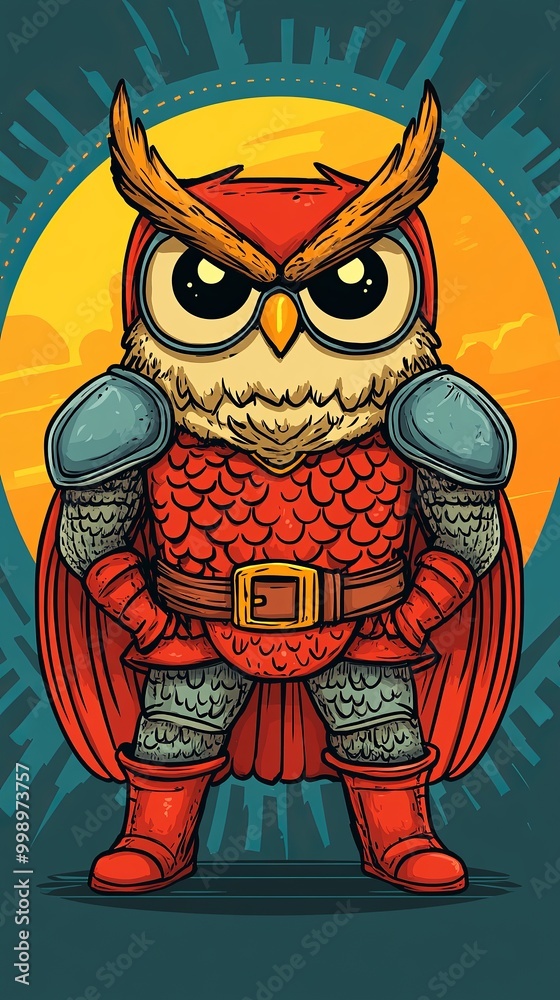 Fototapeta premium A brave armored owl stands ready for adventures in a vibrant realm