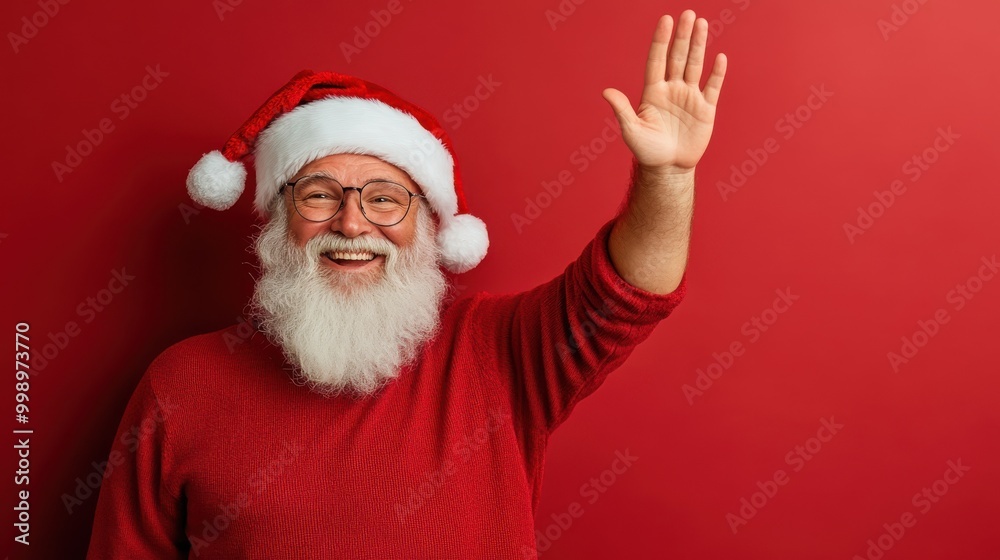 A person dressed as Santa Claus in traditional red and white winter attire, raising his hand in a greeting gesture against a plain red backdrop, celebrating Christmas. A person dressed as Santa Claus in traditional red and white winter attire, raising his hand in a greeting gesture against a plain red backdrop, celebrating Christmas.