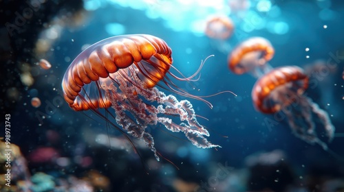 A breathtaking underwater view of magniﬁcent jellyﬁsh swimming freely in the vast ocean, displaying their intricate tentacles and luminescent bodies against a backdrop of coral reefs. photo