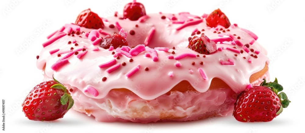 Fototapeta premium Delicious And Tempting Pink Strawberry Flavor Donut With Isolated Toppings