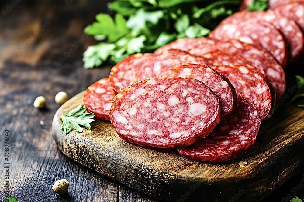 Slices of sausage on a wooden cutting board, seasoned with peppercorns and garnished with fresh parsley. The rustic background adds to the appetizing appeal Slices of sausage on a wooden cutting board, seasoned with peppercorns and garnished with fresh parsley. The rustic background adds to the appetizing appeal