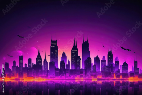 Silhouette city panorama in halloween style neon vibrant lilac and rich magenta.