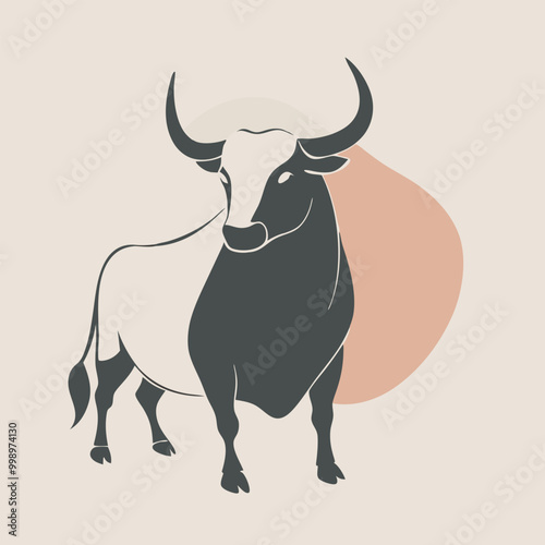 a black and white illustration of a bull. The bull is standing on all fours and is facing towards the right side 