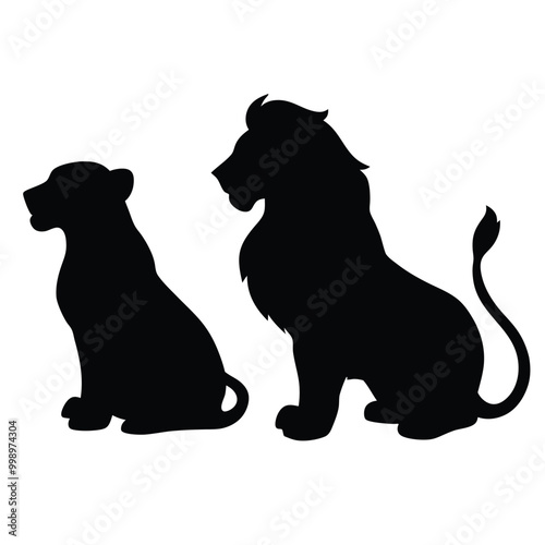 a black silhouette of two lions sitting side by side. The lion on the left is sitting with its head turned to the side 