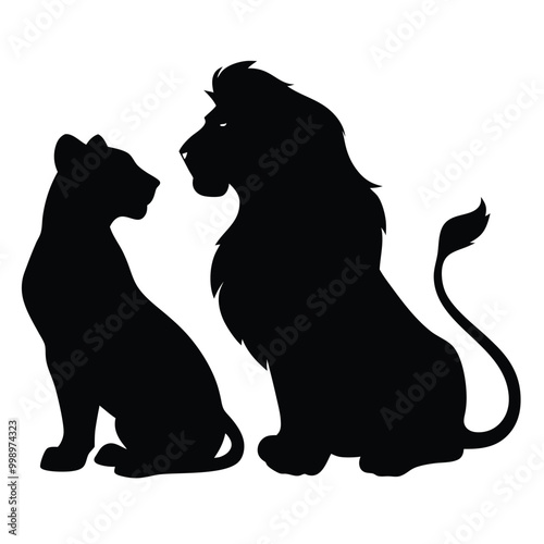 a black silhouette of two lions sitting side by side. The lion on the left is sitting with its head turned to the side 