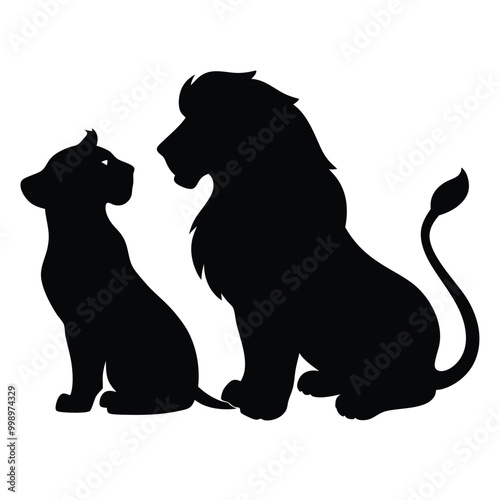 a black silhouette of two lions sitting side by side. The lion on the left is sitting with its head turned to the side 