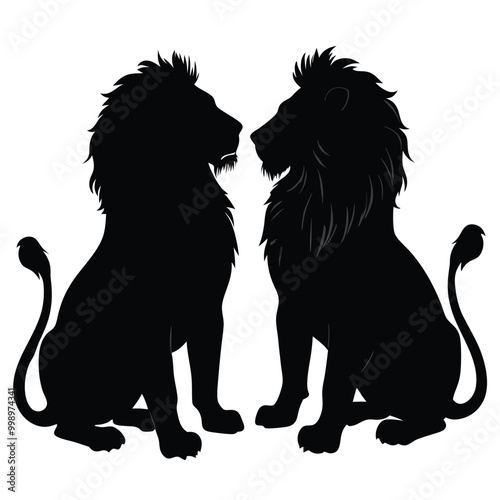 a black silhouette of two lions sitting side by side. The lion on the left is sitting with its head turned to the side 
