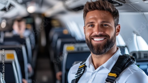 A man wearing a white shirt and a safety harness inside an airplane, possibly portraying a portrayal of aviation safety and the responsibility of airline crew