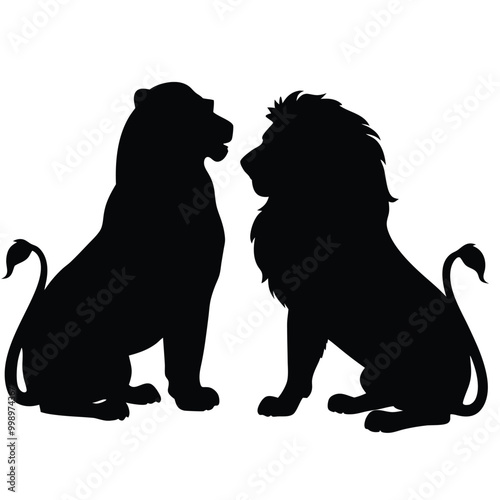 a black silhouette of two lions sitting side by side. The lion on the left is sitting with its head turned to the side 