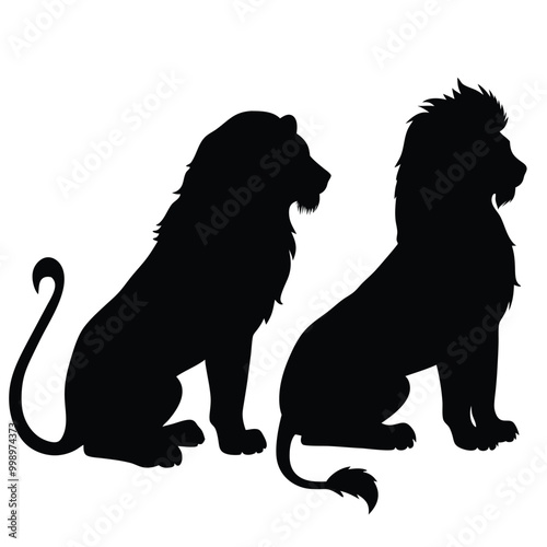 a black silhouette of two lions sitting side by side. The lion on the left is sitting with its head turned to the side 
