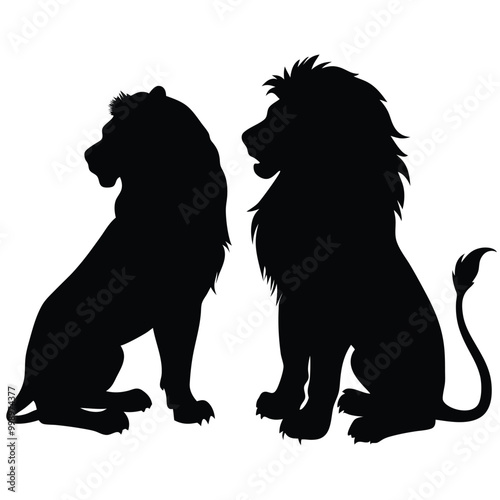 a black silhouette of two lions sitting side by side. The lion on the left is sitting with its head turned to the side 