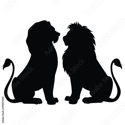 a black silhouette of two lions sitting side by side. The lion on the left is sitting with its head turned to the side 