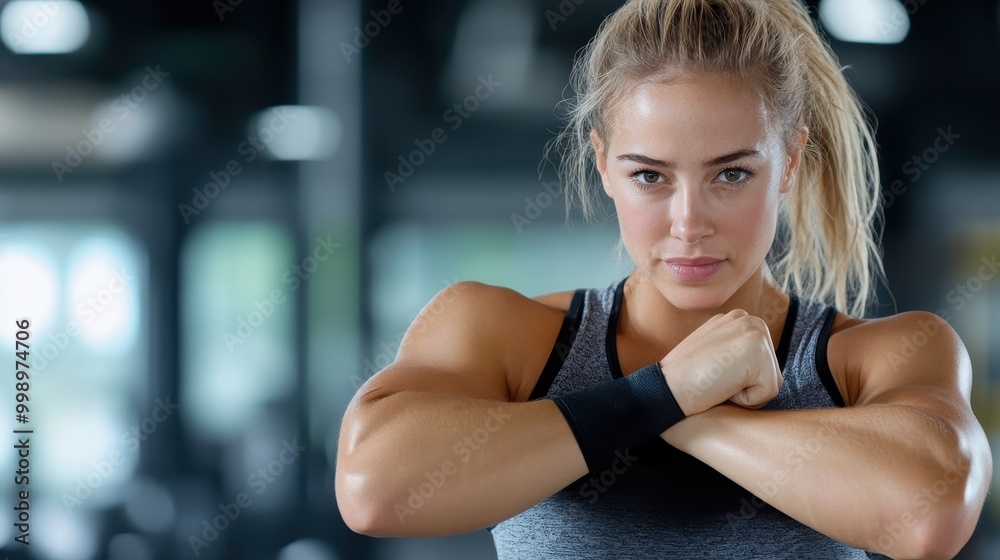 A determined woman with her muscular arms crossed, situated in a gym setting, exemplifying strength, focus, and commitment to maintaining a healthy lifestyle. A determined woman with her muscular arms crossed, situated in a gym setting, exemplifying strength, focus, and commitment to maintaining a healthy lifestyle.