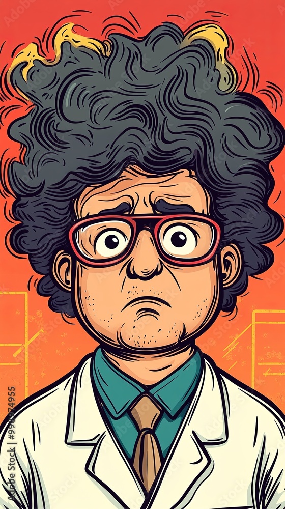 The quirky scientist ponders his next move in a vibrant and lively laboratory setting The quirky scientist ponders his next move in a vibrant and lively laboratory setting