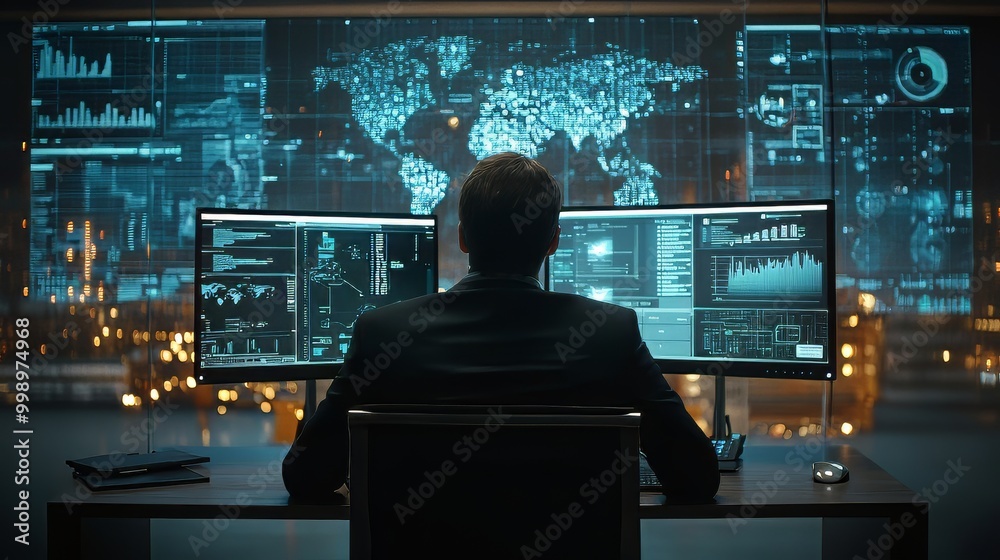 Cybersecurity Analyst Reviewing Data Dashboards for Risk Assessments risk assessment. Ultra realistic. Photorealistic Cybersecurity Analyst Reviewing Data Dashboards for Risk Assessments risk assessment. Ultra realistic. Photorealistic