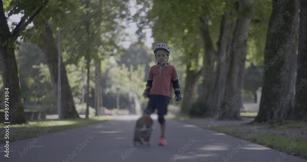 Boy standing with skateboard on a tree-lined path, looking focused and ready. The serene setting adds a sense of calm as he prepares for his next ride in the park Boy standing with skateboard on a tree-lined path, looking focused and ready. The serene setting adds a sense of calm as he prepares for his next ride in the park