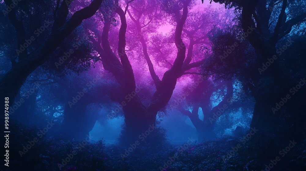 Obraz premium Silhouetted Trees in a Foggy, Purple-Lit Forest
