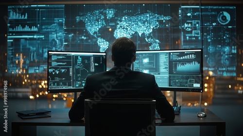 Cybersecurity Analyst Reviewing Data Dashboards for Risk Assessments risk assessment. Ultra realistic. Photorealistic