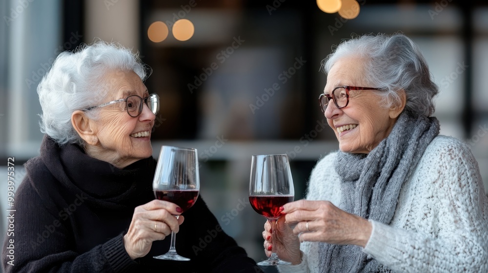Two elderly women with gray hair are toasting each other with glasses of red wine, sitting comfortably in a cozy indoor setting wearing warm clothing. Two elderly women with gray hair are toasting each other with glasses of red wine, sitting comfortably in a cozy indoor setting wearing warm clothing.