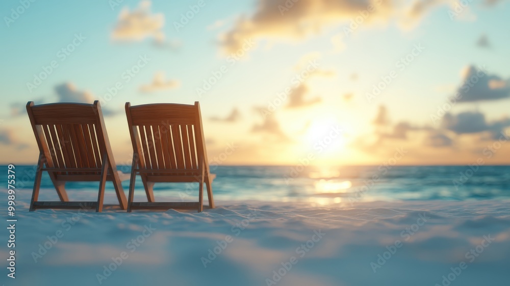 Two wooden chairs are placed on a sandy beach facing the sea, with an enchanting sunset on the horizon, creating a peaceful and relaxing atmosphere. Two wooden chairs are placed on a sandy beach facing the sea, with an enchanting sunset on the horizon, creating a peaceful and relaxing atmosphere.
