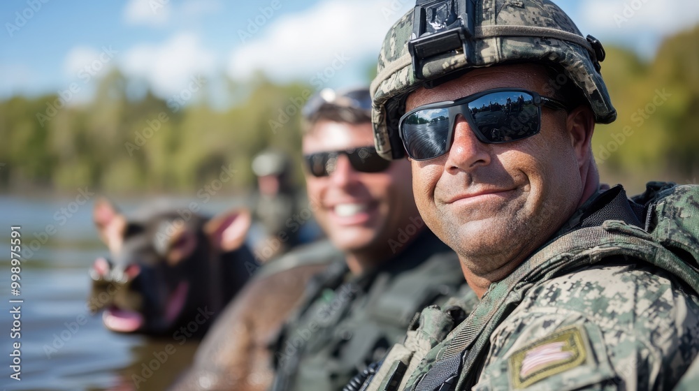 Fototapeta premium Two soldiers in camouflage uniforms and helmets are seated in water, next to a hippo, showcasing a blend of nature and military presence.