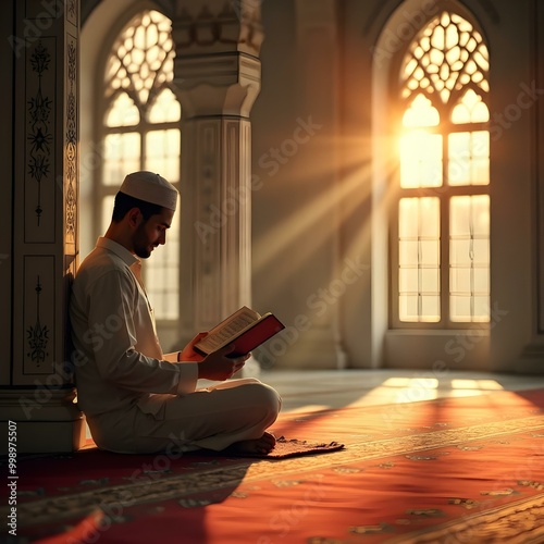 Spiritual Reflection in a Mosque, a man reading a quran in mousque photo