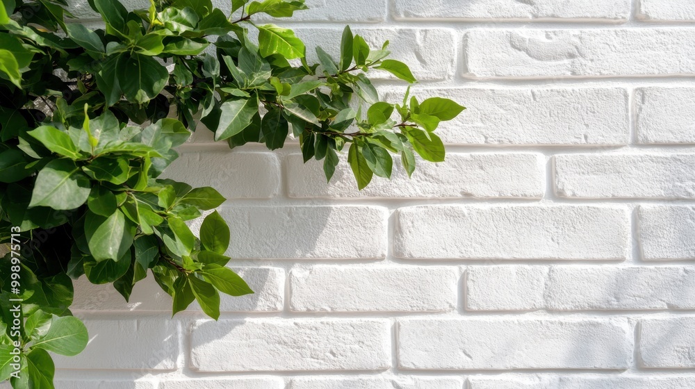 Obraz premium A segment of a white brick wall adorned with fresh green leaves, creating a pleasant contrast between the natural and man-made elements, suggesting harmony and freshness.