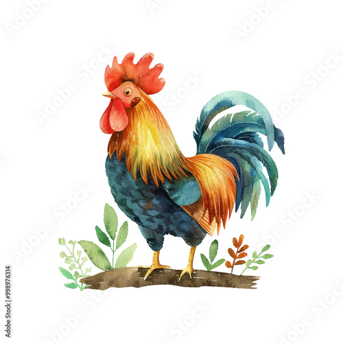 cute rooster vector illustration in watercolor style