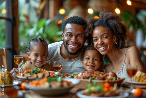 A joyful family enjoys a meal together in a vibrant restaurant surrounded by delicious food