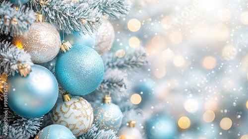 Close-up of glass balls and stars hanging on Christmas tree branches. Illustration for banner, poster, cover, brochure, postcard or presentation.