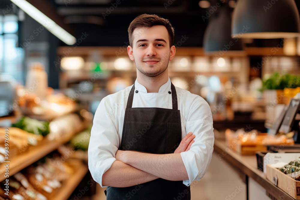 Smiling young chef in a white uniform and black apron with crossed arms standing confidently in a gourmet food store or deli Smiling young chef in a white uniform and black apron with crossed arms standing confidently in a gourmet food store or deli