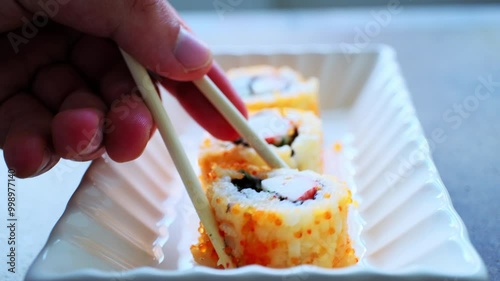 california roll sushi with crab in close up photo