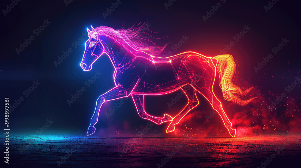 A vibrant, neon horse runs across a dark background, its mane and tail trailing behind it like flames.