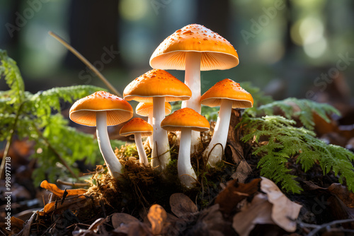 Closeup of healthy white and orange cap mushrooms photo